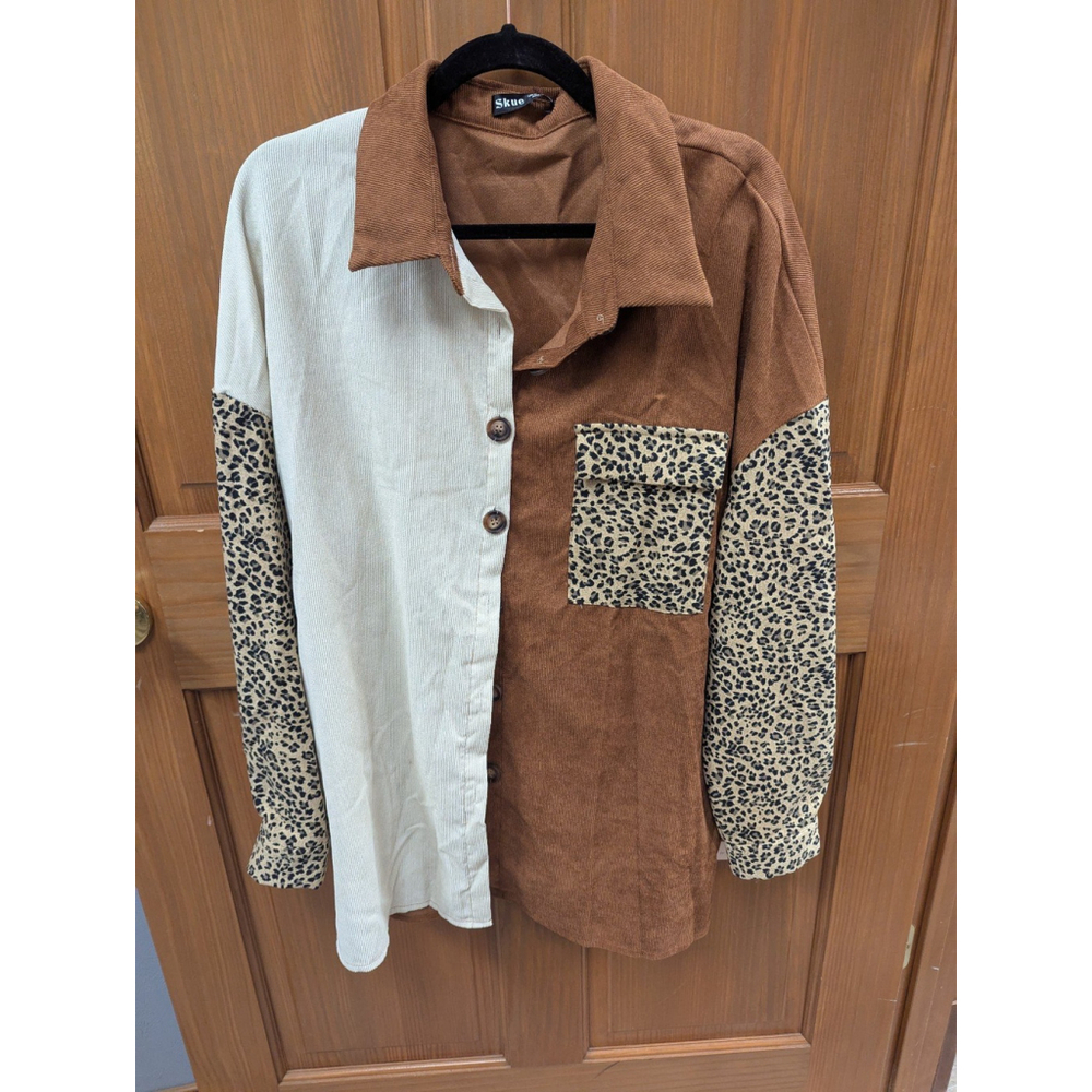 Leopard Color Block Lightweight Shacket Jacket XL Brown Cream Animal Print - Picture 2 of 5